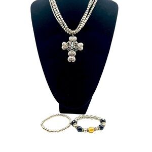Vintage Silver Tone Cross Pendant Necklace & Beaded Bracelets Set.  N85